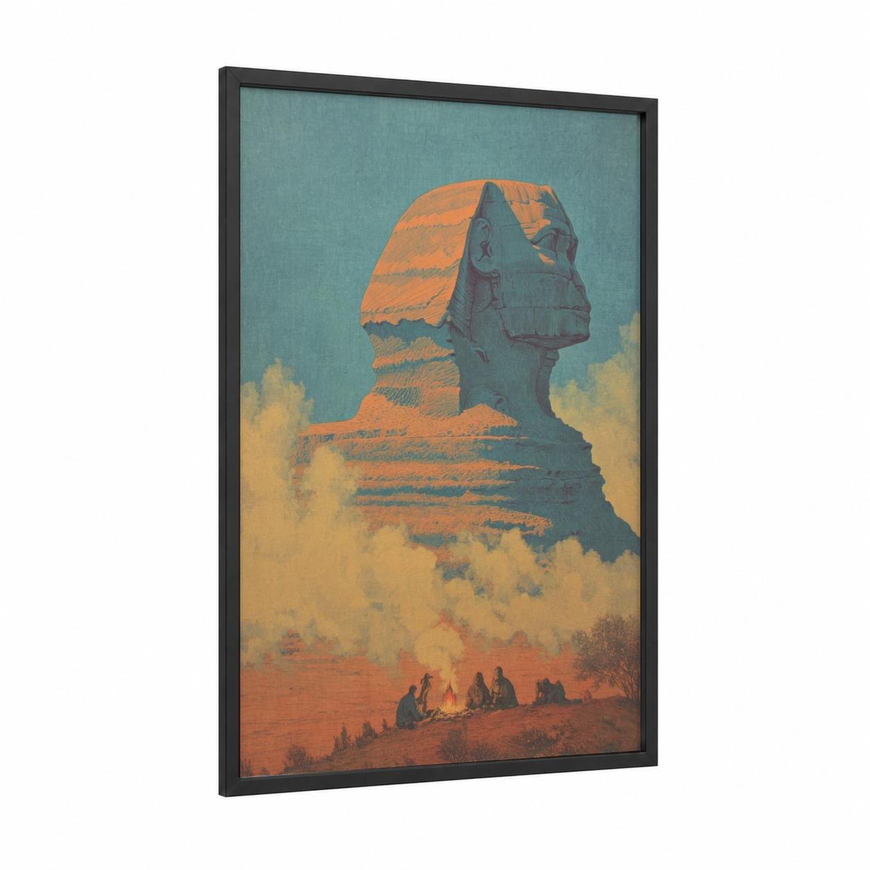 Desert Sphinx framed art print — black wood frame — gold and teal palette