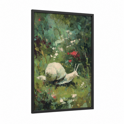 Garden Snail framed art print — black wood frame — green and cream palette