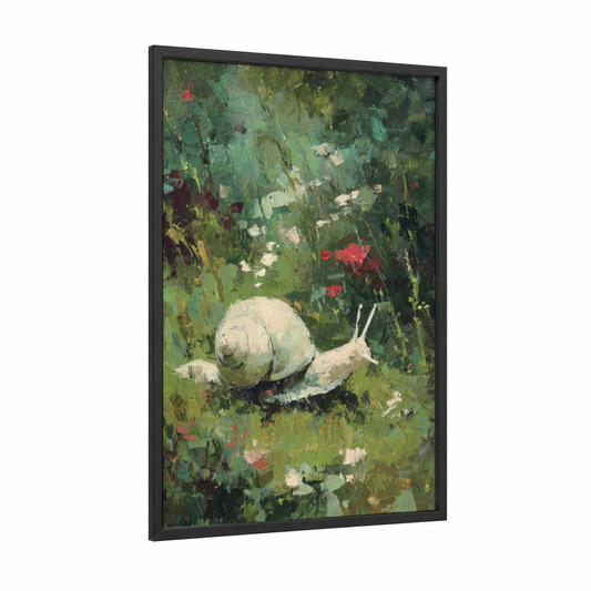 Garden Snail framed art print — black wood frame — green and cream palette