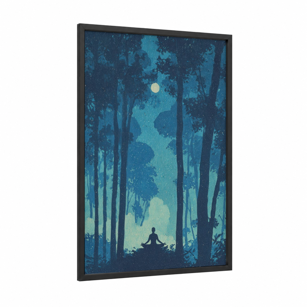 Moonlit Meditation framed fitness yoga print — black wood frame — dark blue and teal palette
