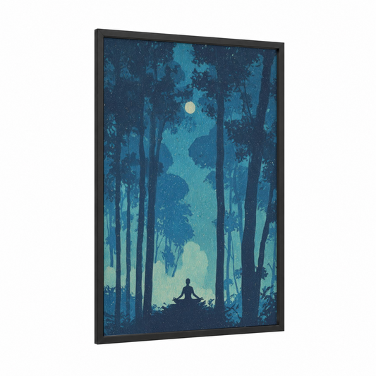 Moonlit Meditation framed fitness yoga print — black wood frame — dark blue and teal palette