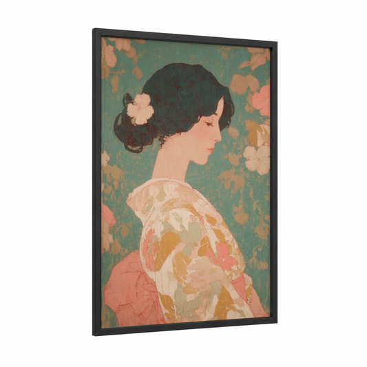 Vintage Garden Profile framed retro fashion print — black wood frame — teal and salmon pink palette
