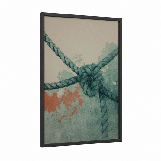 Knotted Rope Detail framed rope knots print — black wood frame — sage green and russet palette