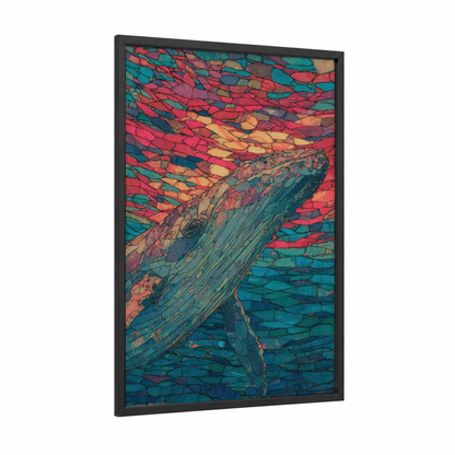 Vibrant Sperm Whale framed art print — black wood frame — teal and pink palette