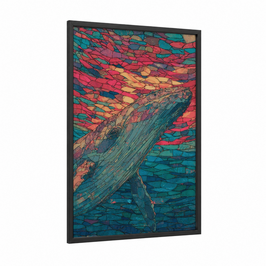 Vibrant Sperm Whale framed art print — black wood frame — teal and pink palette