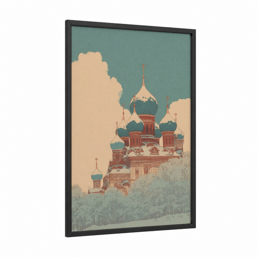 Orthodox Cathedral Winter framed art print — black wood frame — teal and cream palette