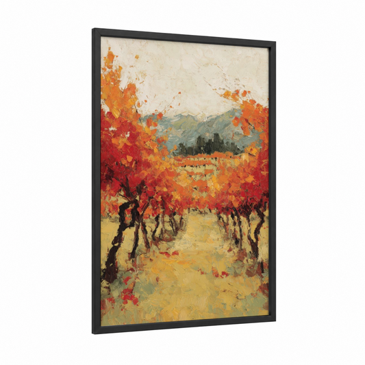Autumn Vineyard framed vineyards print — black wood frame — red and gold palette
