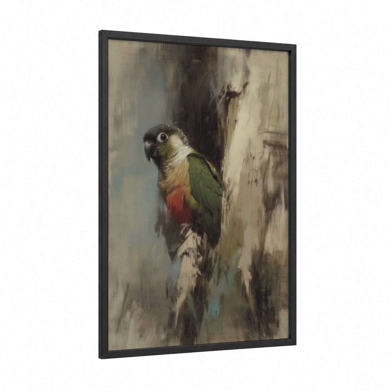 Perched Parrot framed safari parrots print — black wood frame — gray and green palette