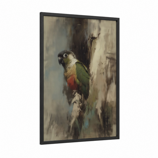 Perched Parrot framed safari parrots print — black wood frame — gray and green palette