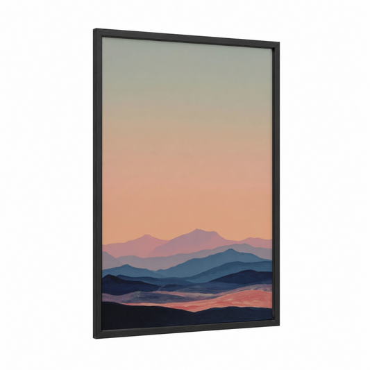 Pastel Mountain Sunrise framed art print — black wood frame — salmon pink and blue palette