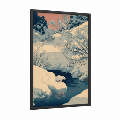 Snowy Weasel Stream framed art print — black wood frame — blue and cream palette