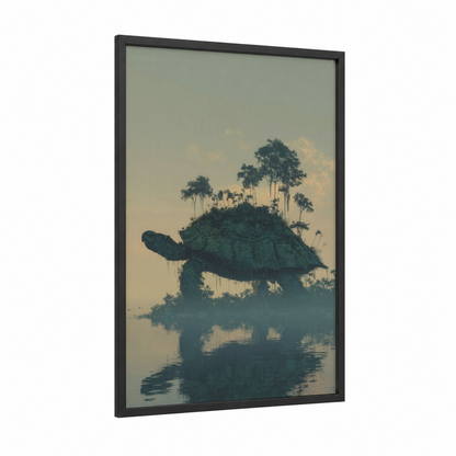 Turtle Island Paradise framed art print — black wood frame — sage green and cream palette