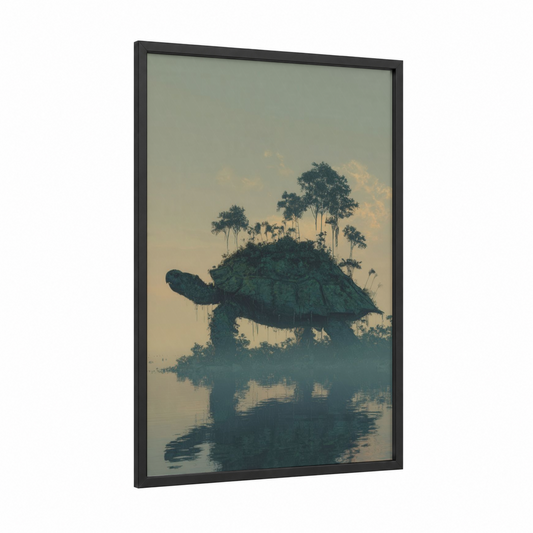 Turtle Island Paradise framed art print — black wood frame — sage green and cream palette