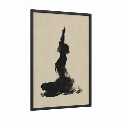 Upward Stretch Pose framed yoga print — black wood frame — black and cream palette