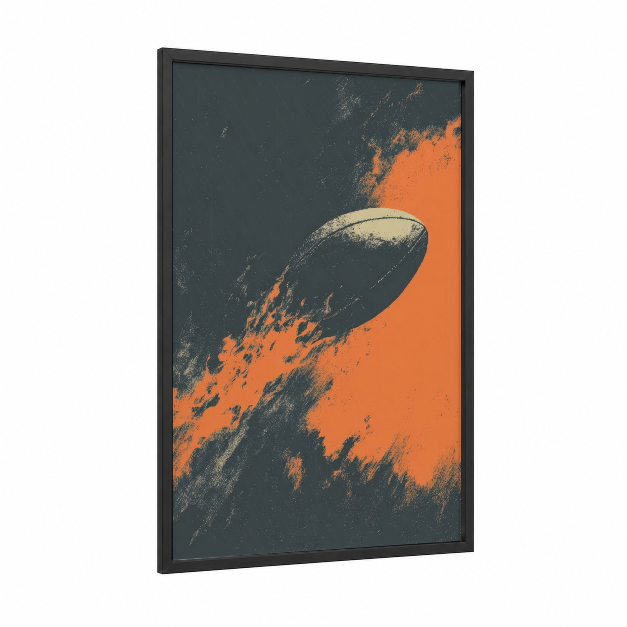Fiery Rugby Ball framed art print — black wood frame — orange and gray palette
