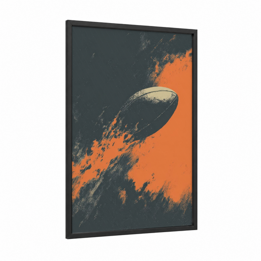 Fiery Rugby Ball framed art print — black wood frame — orange and gray palette