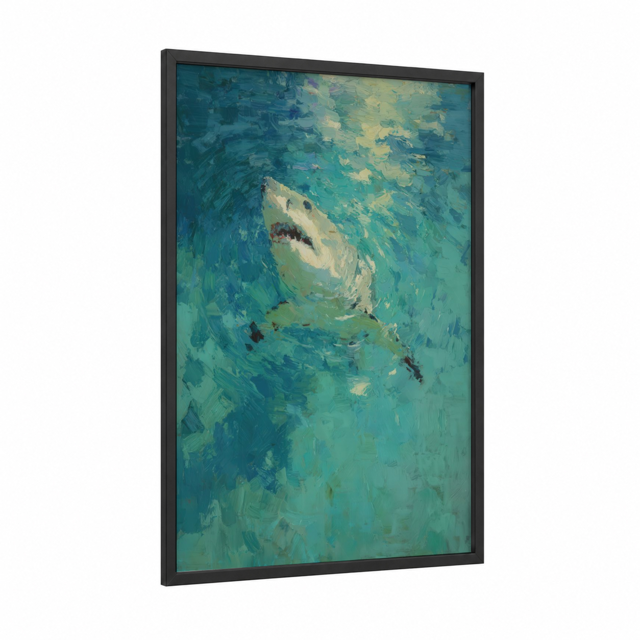 Basking Shark Ascent framed art print — black wood frame — teal and blue and gold palette