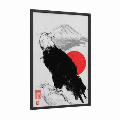Mountain Eagle framed art print — black wood frame — black and white and red palette