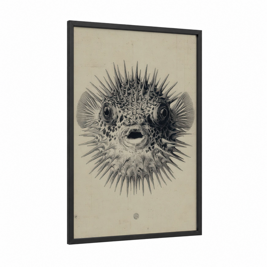Spiky Puffer Fish framed art print — black wood frame — black and white palette