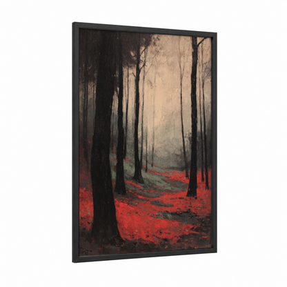 Crimson Autumn Forest framed art print — black wood frame — red and black palette