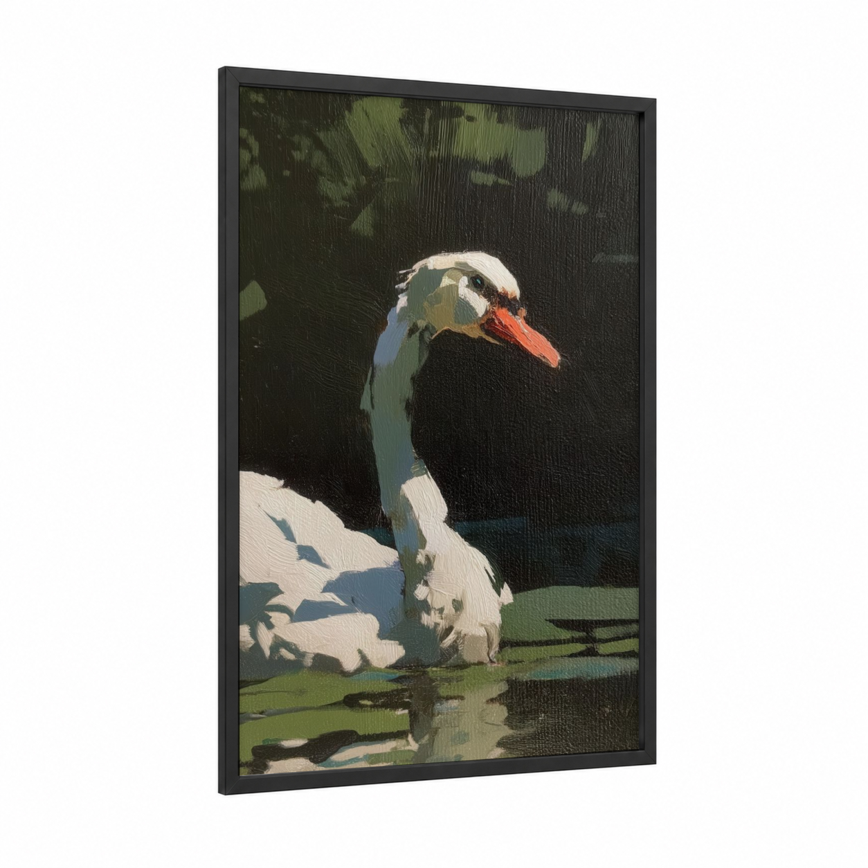 Graceful Swan Portrait framed art print — black wood frame — cream and sage green palette
