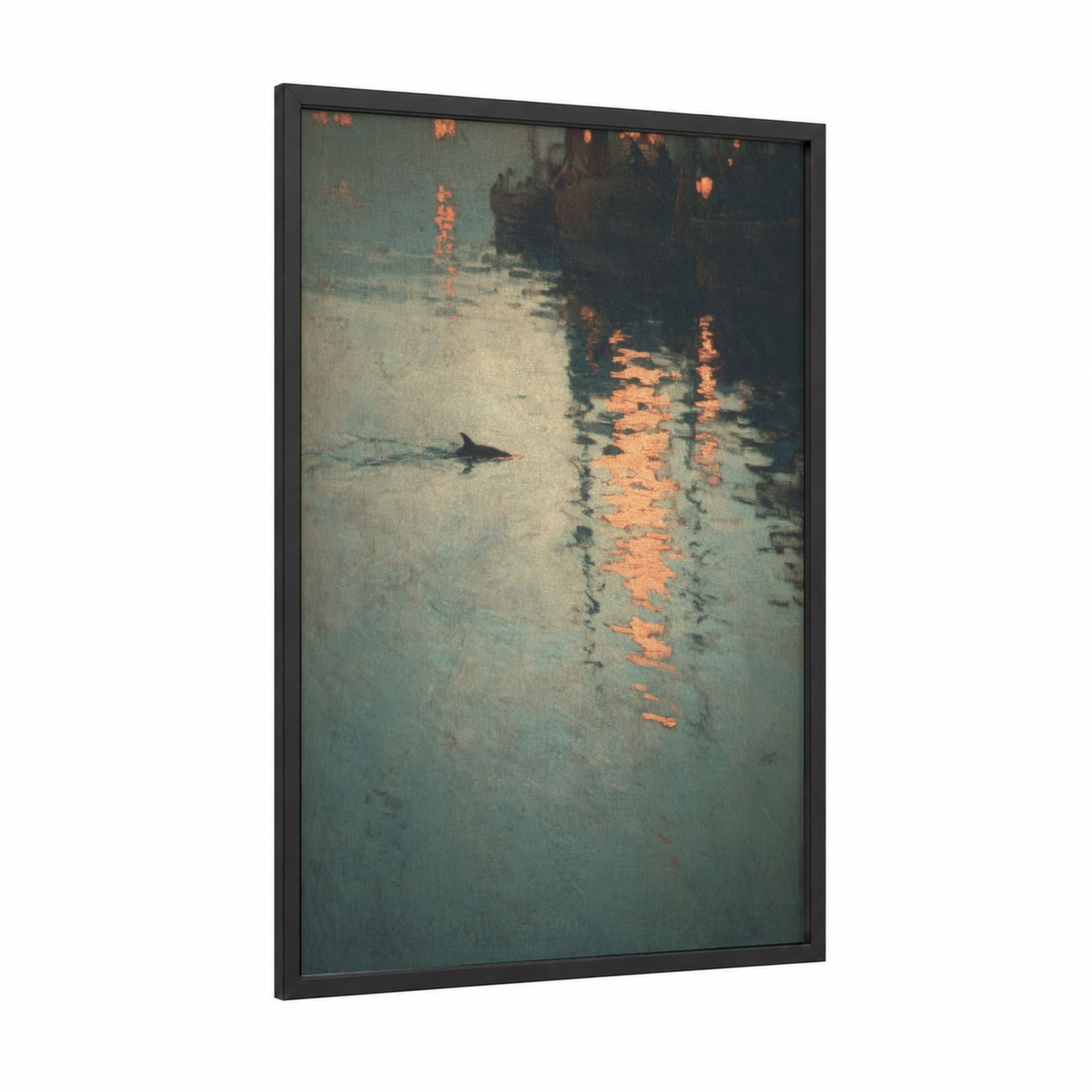 Harbor Dolphin Dusk framed dolphins print — black wood frame — gray and gold palette