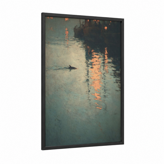 Harbor Dolphin Dusk framed dolphins print — black wood frame — gray and gold palette