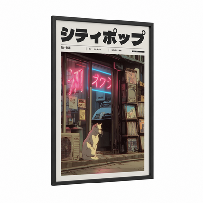 Neon Cat Shop framed anime and manga print — black wood frame — magenta and blue palette
