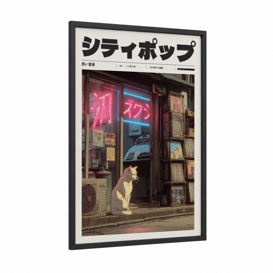 Neon Cat Shop framed anime and manga print — black wood frame — magenta and blue palette