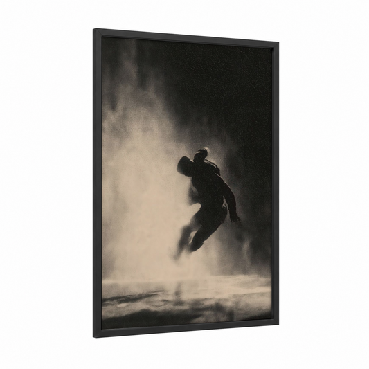 Aerial Dancer framed street dance print — black wood frame — black and white and gray palette