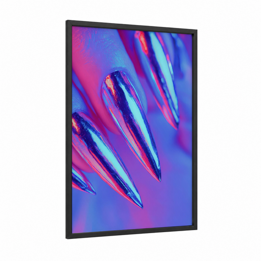 Neon Chrome Nails framed art print — black wood frame — magenta and blue palette