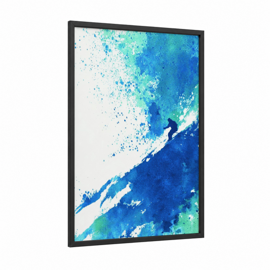 Alpine Descent framed skiing print — black wood frame — blue and teal palette