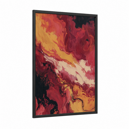 Crimson Volcano framed art print — black wood frame — red and gold palette