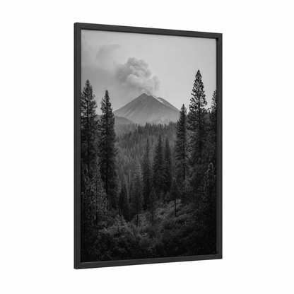 Smoking Volcano framed art print — black wood frame — black and white and gray palette