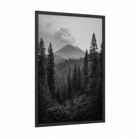Smoking Volcano framed art print — black wood frame — black and white and gray palette