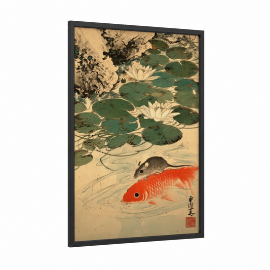 Koi Pond Gerbil framed art print — black wood frame — cream and true green palette