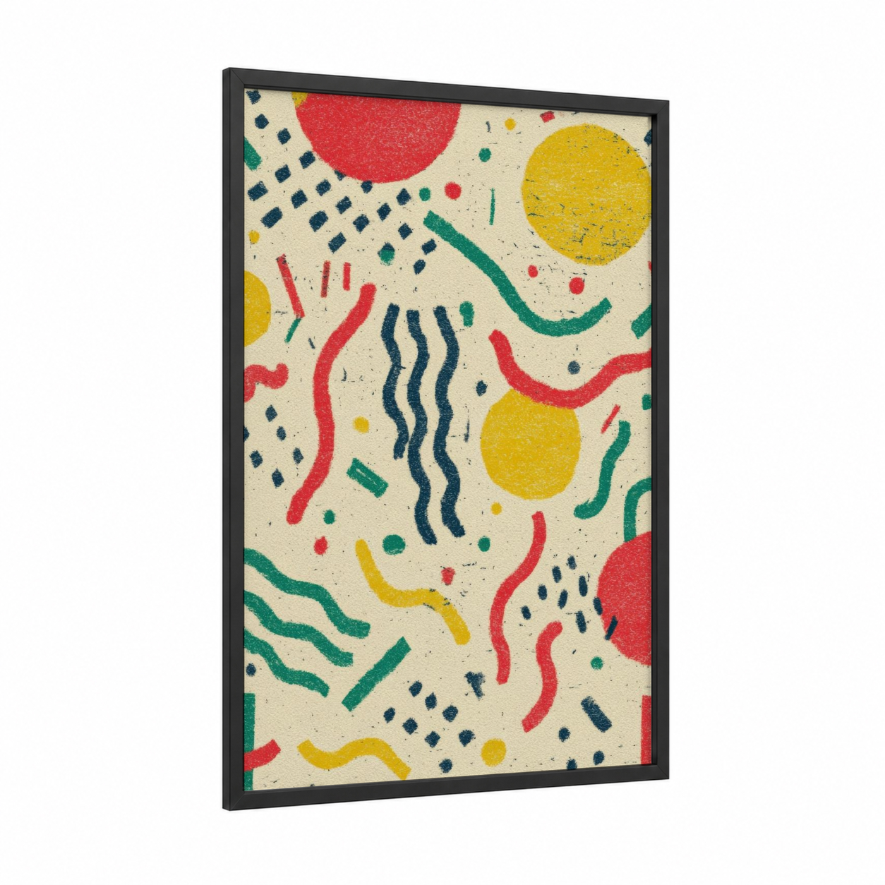 Colorful Pasta Dance framed art print — black wood frame — red and yellow palette