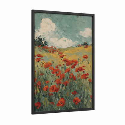 Scarlet Poppy Field framed poppies print — black wood frame — red and gold palette