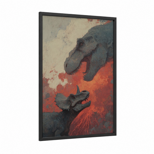 Volcanic Dinosaurs framed art print — black wood frame — gray and red palette
