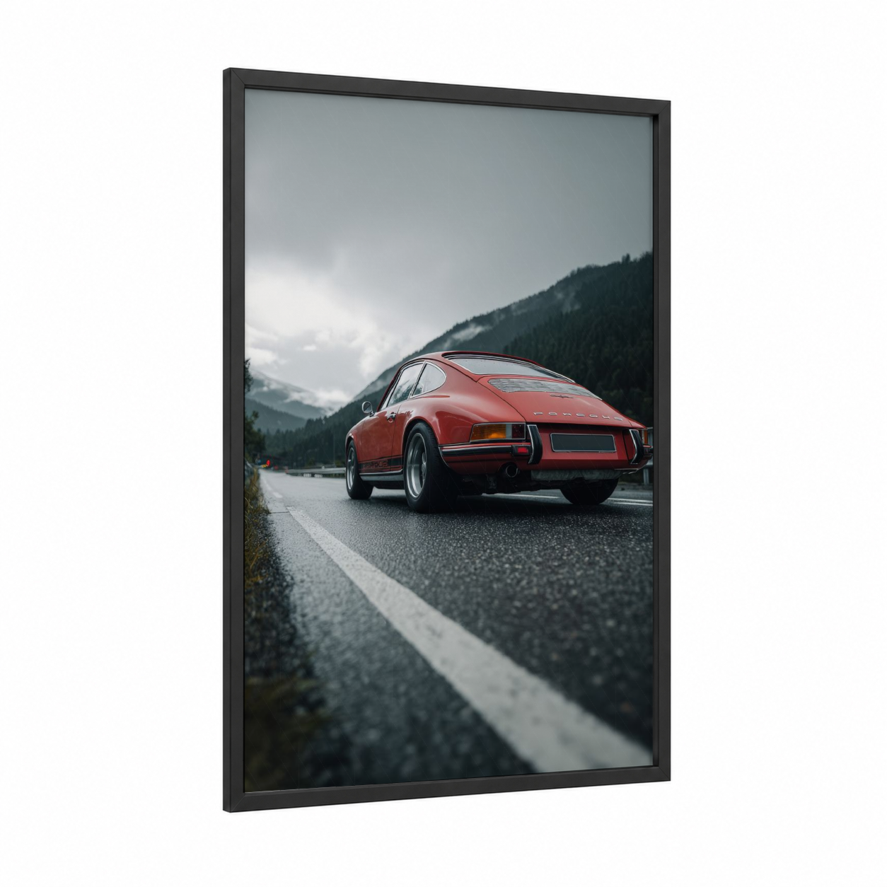 Alpine Sports Car framed art print — black wood frame — red and gray palette