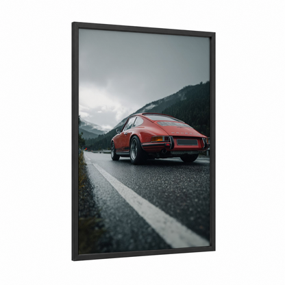 Alpine Sports Car framed art print — black wood frame — red and gray palette
