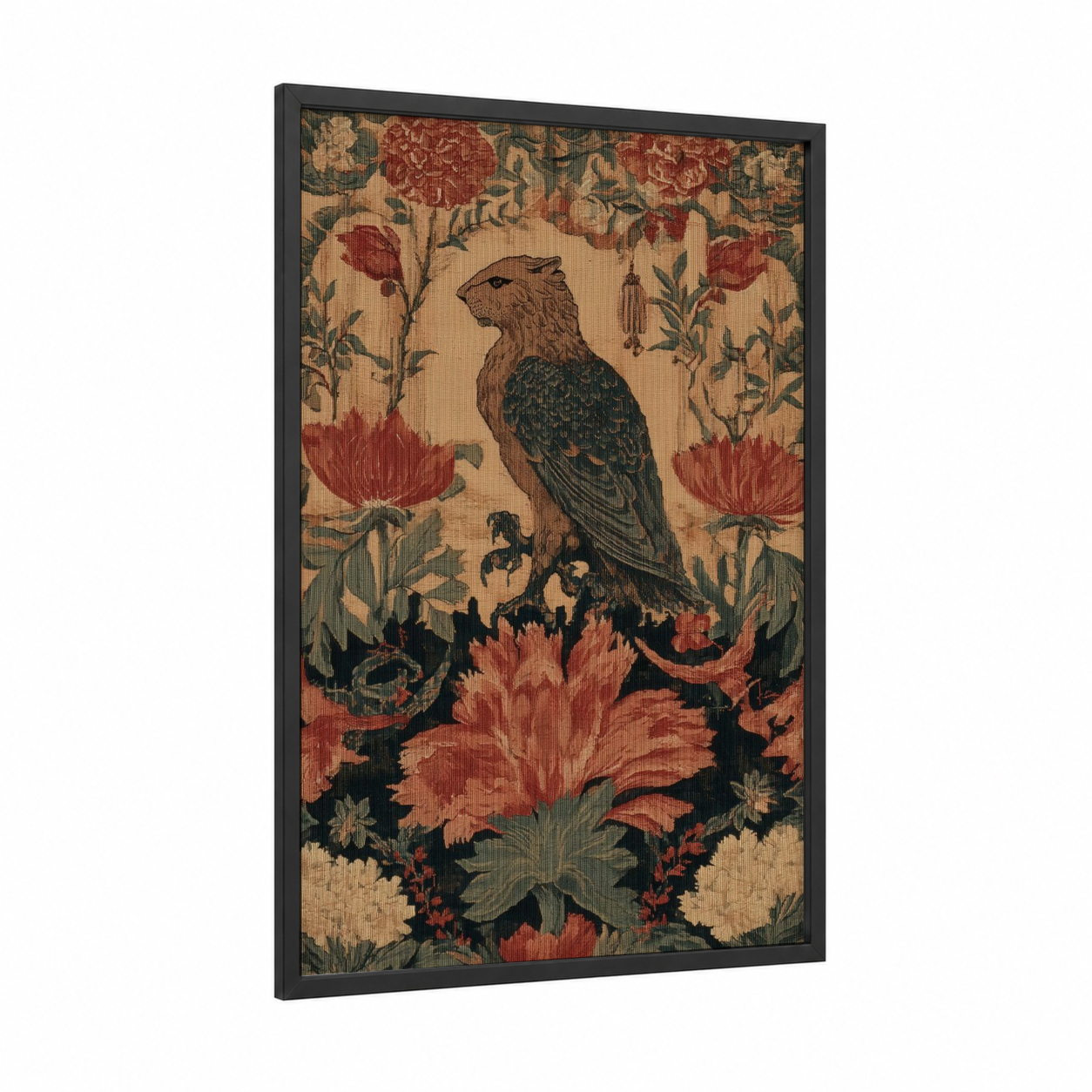Regal Sphinx Blooms framed art print — black wood frame — russet and dark green palette