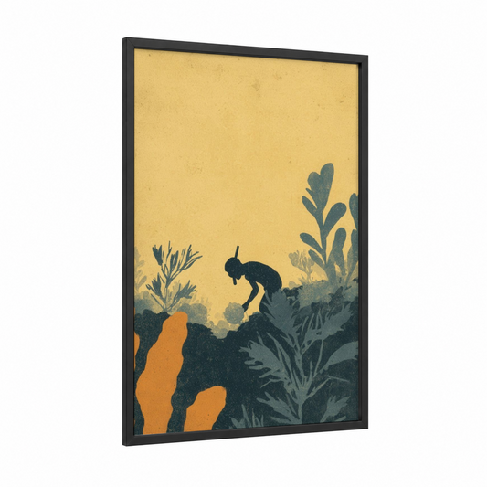 Underwater Explorer framed snorkeling print — black wood frame — gold and teal palette