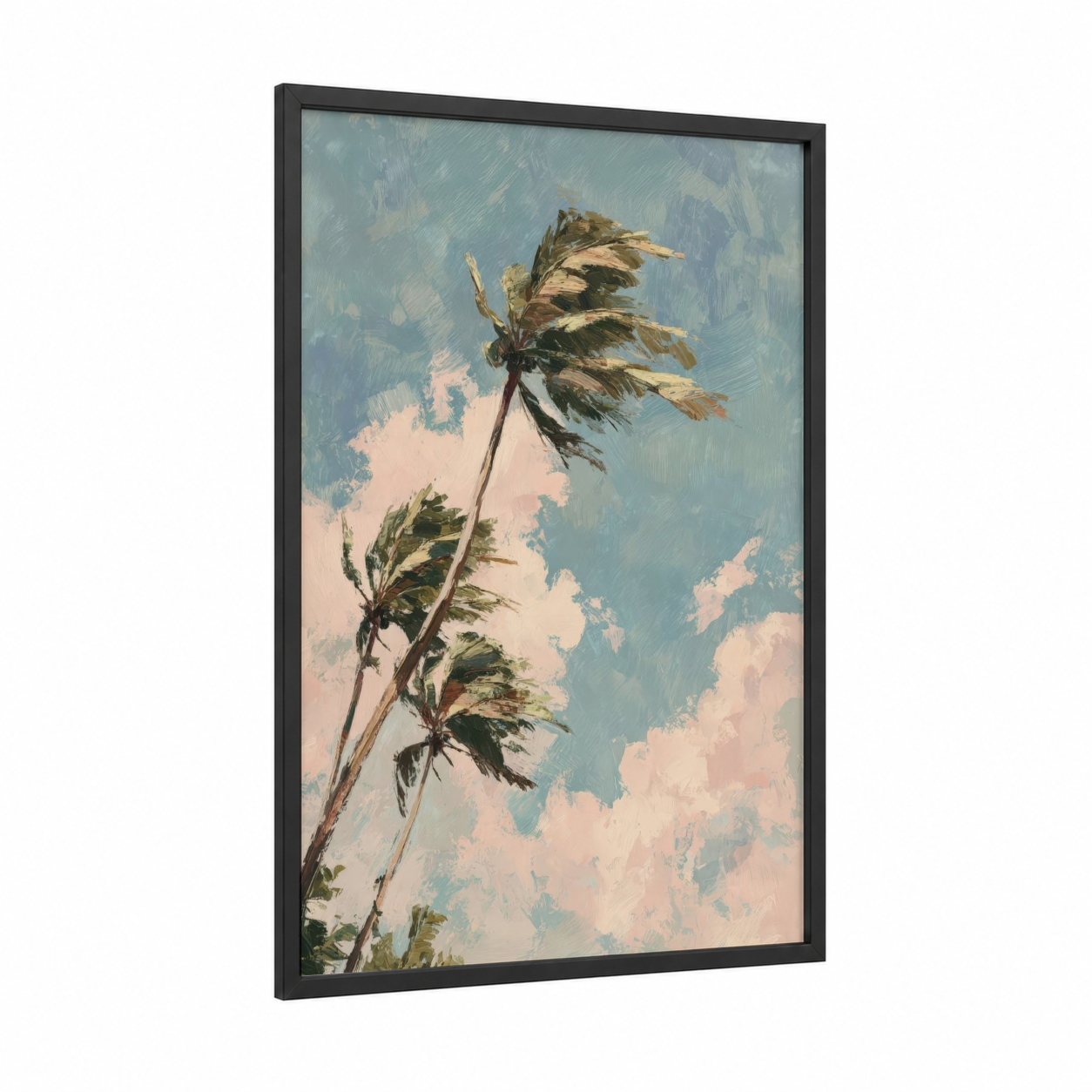 Windswept Palms framed palm forest print — black wood frame — blue and white and sage green palette