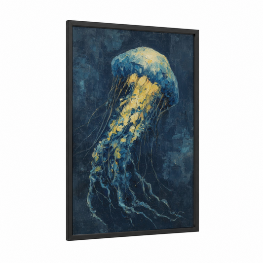 Golden Jellyfish framed art print — black wood frame — blue and gold palette