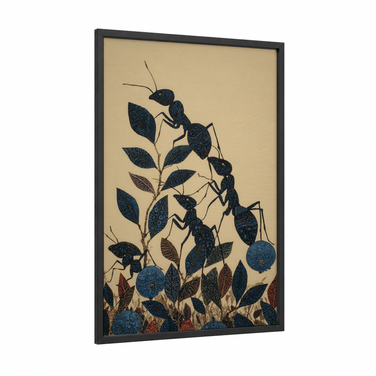 Foraging Ants framed art print — black wood frame — dark blue and cream palette