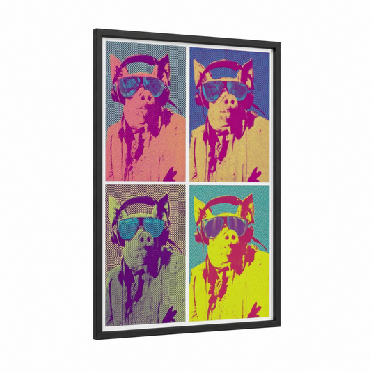 Cool Pig Portrait framed art print — black wood frame — magenta and yellow gold palette