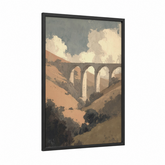 Arched Viaduct framed bridges print — black wood frame — cream and dove gray palette