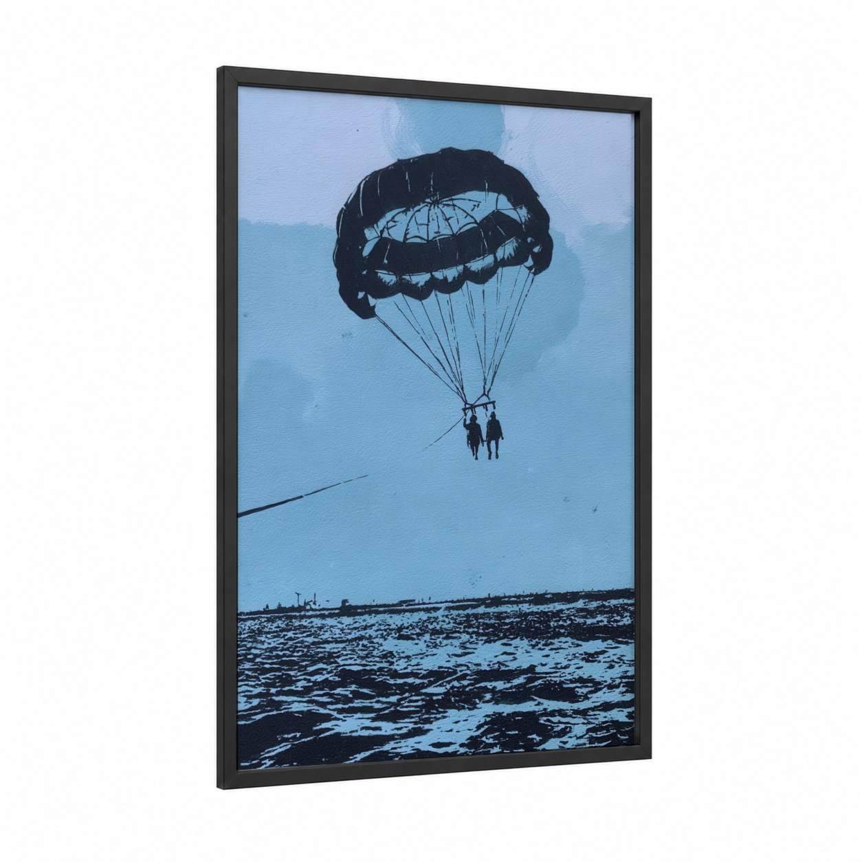 Skydiving Adventure framed parasailing print — black wood frame — black and white palette