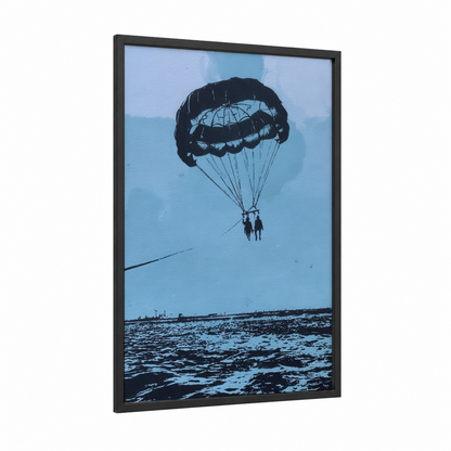Skydiving Adventure framed parasailing print — black wood frame — black and white palette